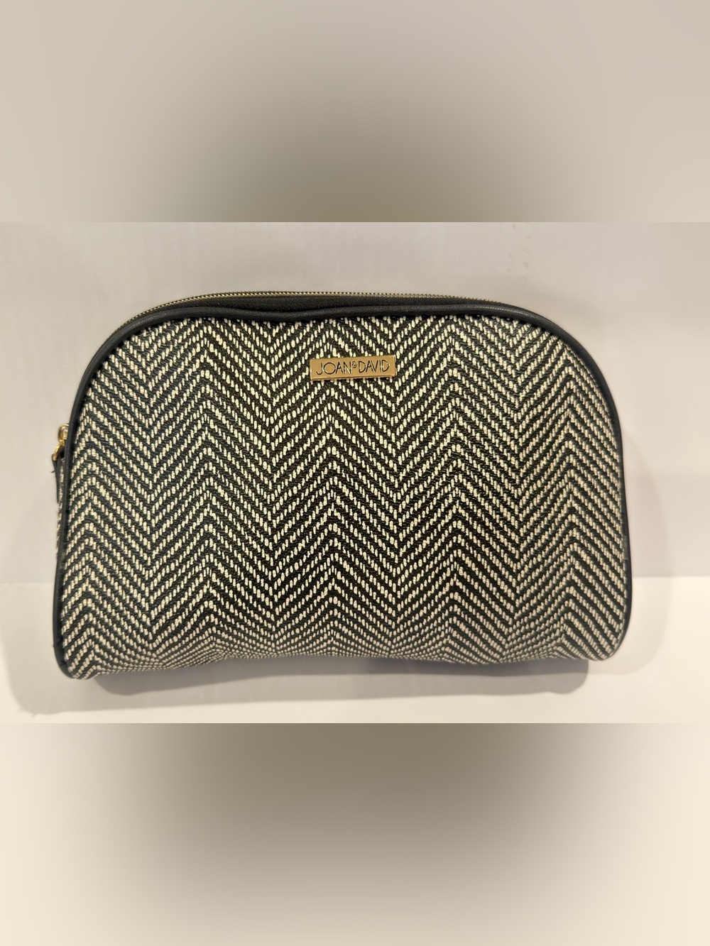 Joan & David Black and White Chevron Accent Pouch with Gold Logo